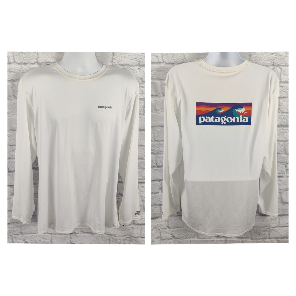 Patagonia RO Long Sleeve Sun Tee Shirt White/Board Short Logo, Size XL